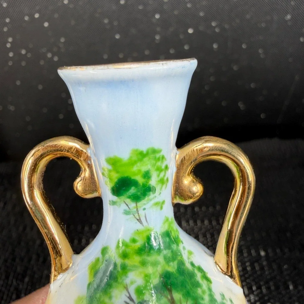 Vintage German Porcelain Miniature Bud Vase Hand Painted Swan Landscape Gold